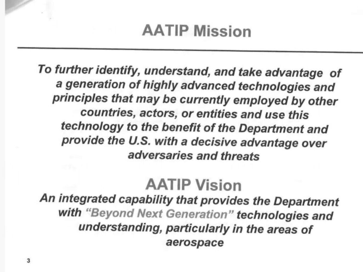 Declassified Pentagon UAP program briefing slide