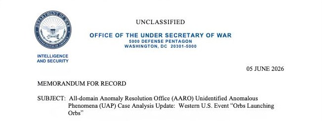 Header of the unclassified AARO memorandum for record on the Western U.S. Event, signed by director Jon Kosloski