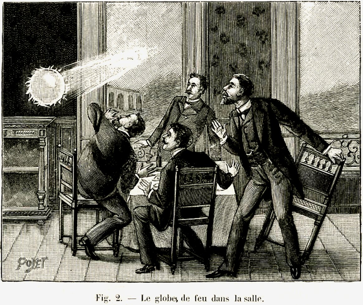Nineteenth century engraving of ball lightning entering a room while four men react in alarm