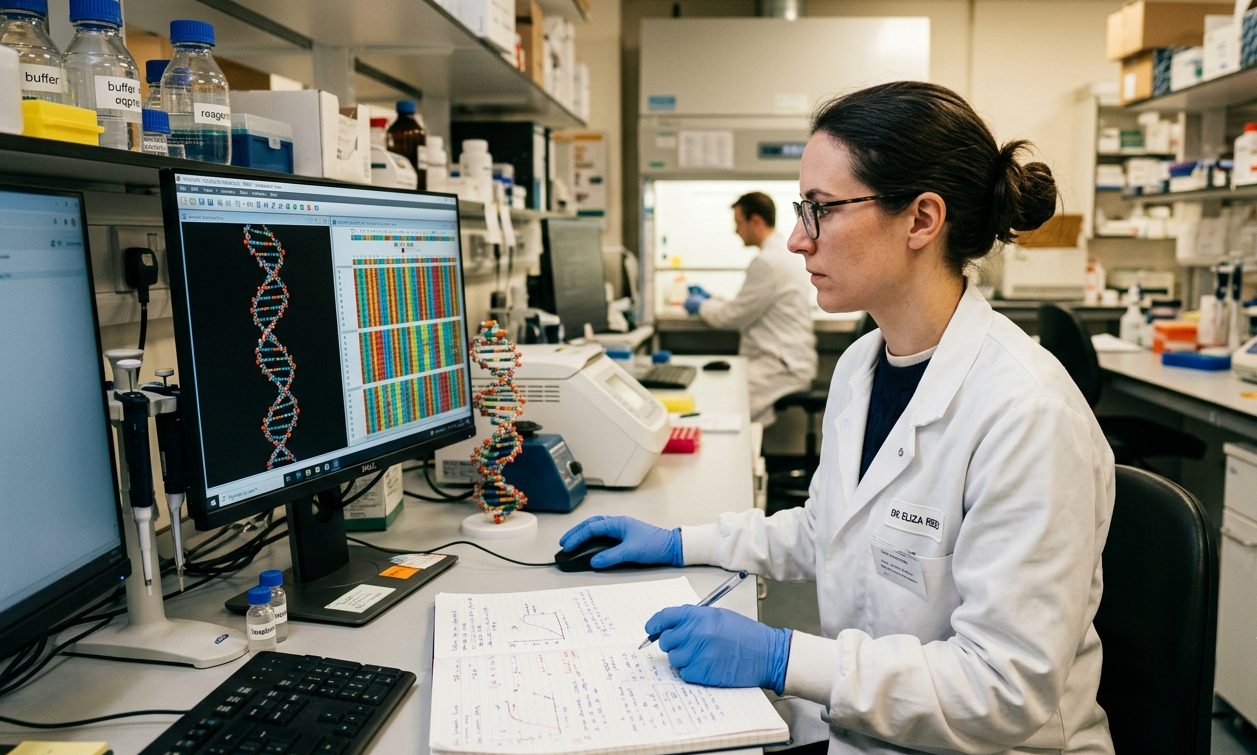 A researcher studying a DNA double helix and a genome sequencing readout on screen