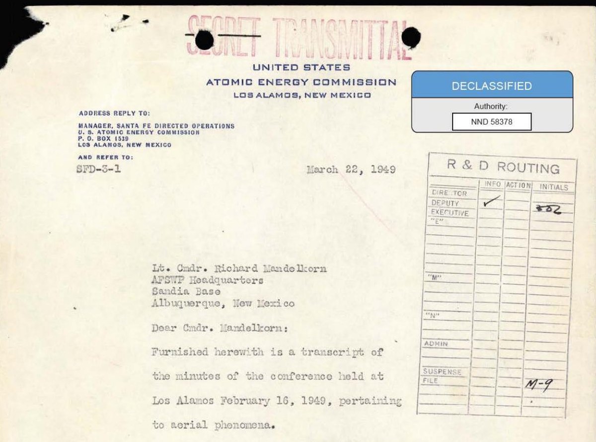 Declassified Atomic Energy Commission transmittal page for the transcript of the February 16, 1949 Los Alamos conference on aerial phenomena, stamped Secret