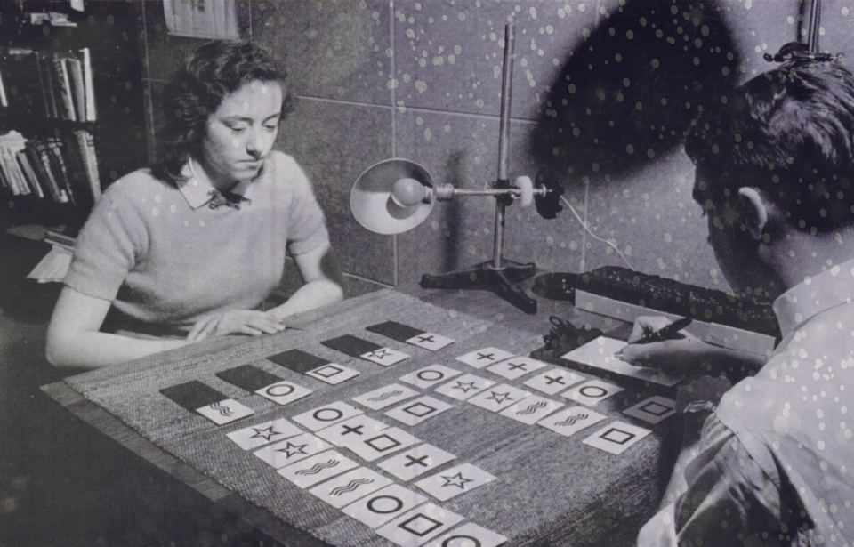 Black and white photograph of an early ESP card experiment