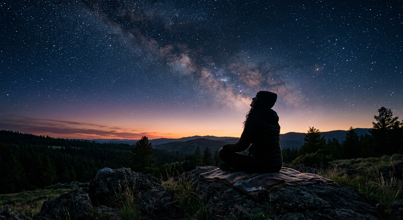 A person sitting under the Milky Way at dusk, watching the sky