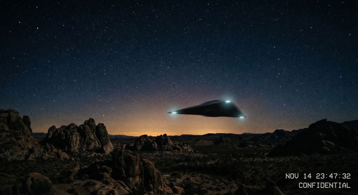An unidentified aerial object over open desert at dusk